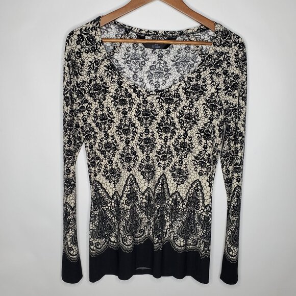 Norma Kamali Womens Lace Border Print Blouse Size M Scoop Neck Long Sleeve - Picture 1 of 12